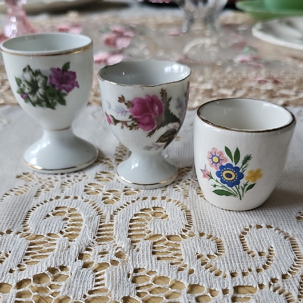 Vintage Set Of 3 Floral Porcelain Egg Cups